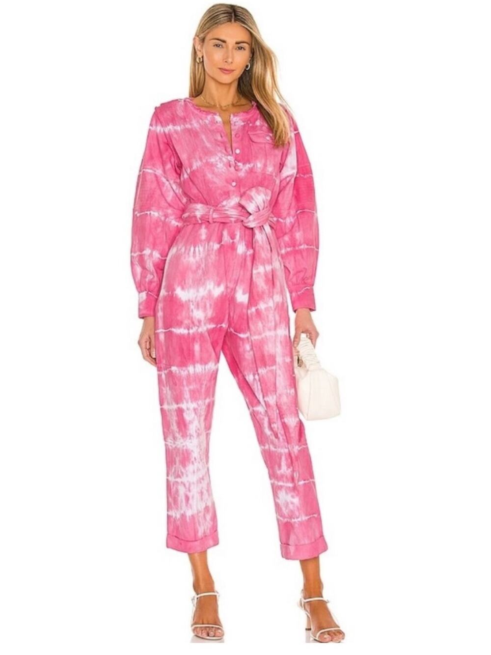 NWT LoveShackFancy Paca Jumpsuit in a pink and white tie-dye hibiscus SZ 2